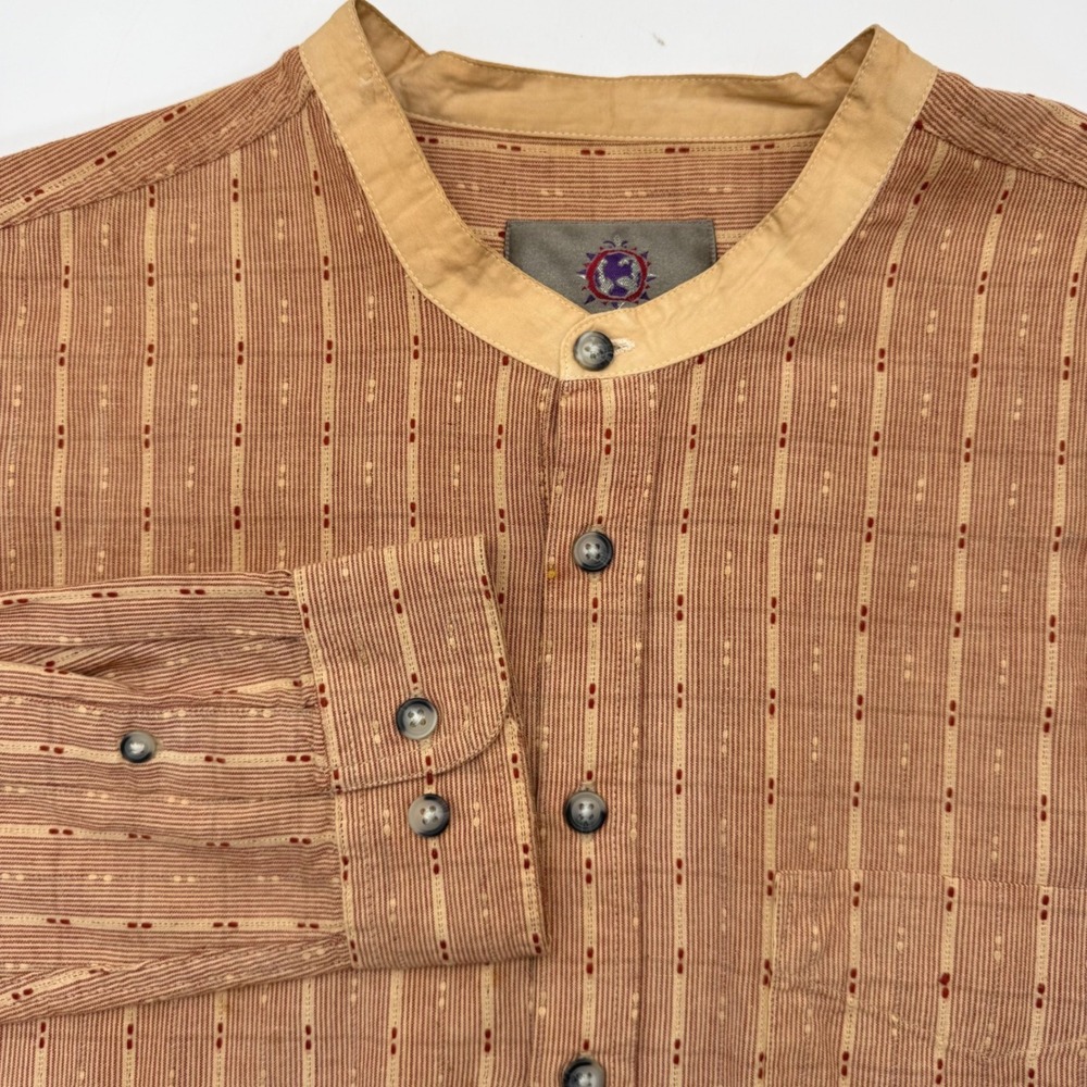 The Territory Ahead Shirt Mens XL Tan Dobby Stripe Band Collar Henley Cotton